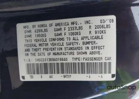 2009 Honda Accord 2.4 Lx-S z USA, uszkodzony, nr VIN 1HGCS11369A016640